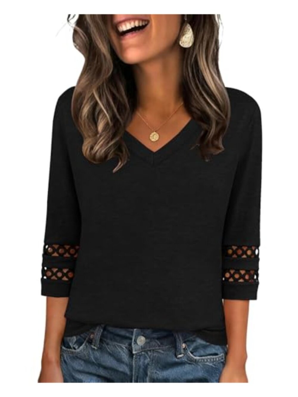 isermeo 3/4 Eyelet Sleeve Womens Blouse V Neck Work Top